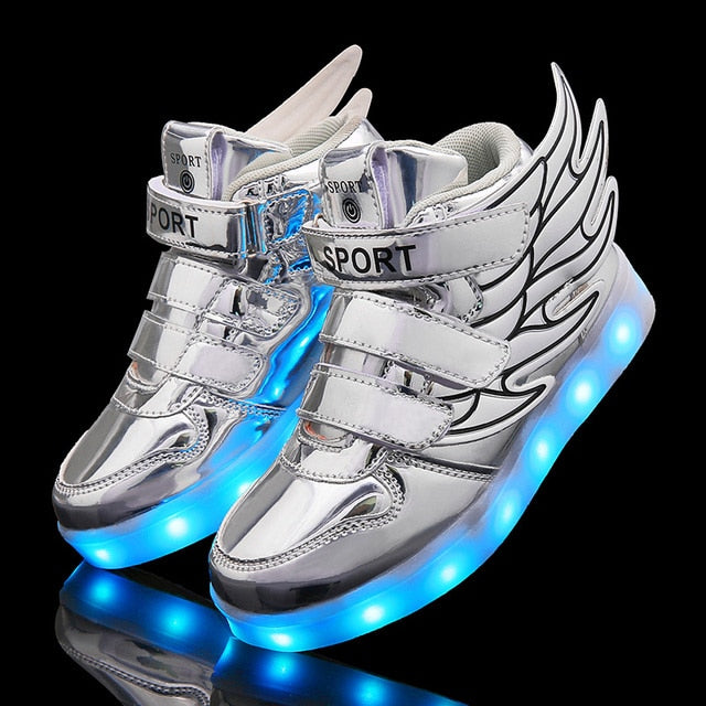 UncleJerry Children Glowing Shoes with wings for Boys and Girls LED Sneakers with fur inside