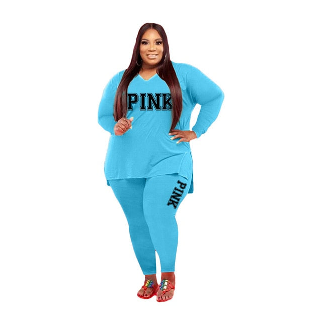 Two Piece Set Fashion Long Sleeve V Neck Top And Pants - Plus Size Sets