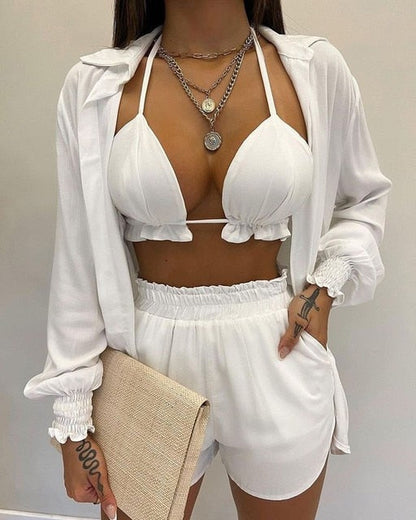 High Waist Bikini Short Set with Long Sleeve Shirt