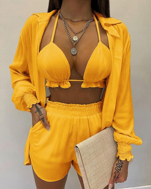 High Waist Bikini Short Set with Long Sleeve Shirt