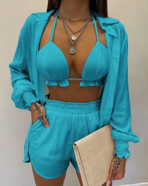 High Waist Bikini Short Set with Long Sleeve Shirt