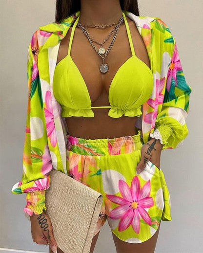 High Waist Bikini Short Set with Long Sleeve Shirt