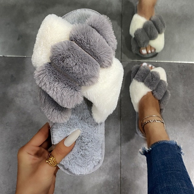 Women Furry Slippers Soft Plush Cross Faux Fur Indoor Slippers