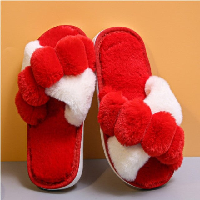 Women Furry Slippers Soft Plush Cross Faux Fur Indoor Slippers