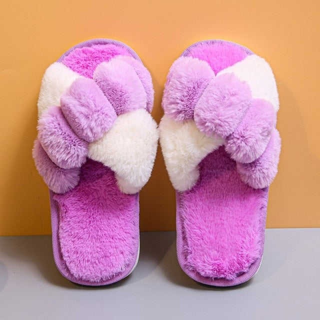 Women Furry Slippers Soft Plush Cross Faux Fur Indoor Slippers