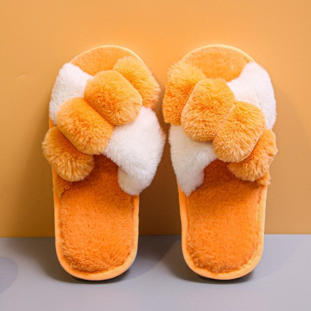 Women Furry Slippers Soft Plush Cross Faux Fur Indoor Slippers