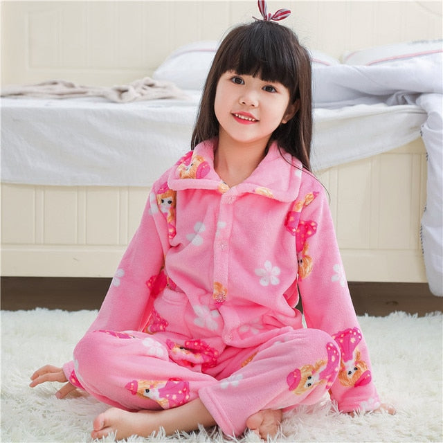 Winter Thicken Warm Home Wear Cartoon Lapel Long Sleeve Pajama Sets