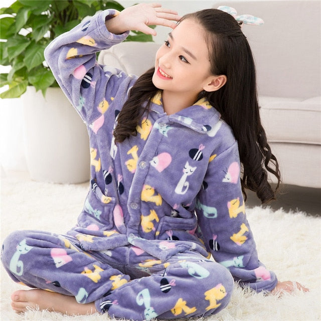 Winter Thicken Warm Home Wear Cartoon Lapel Long Sleeve Pajama Sets