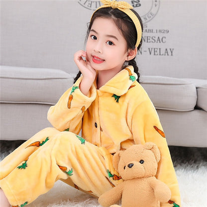 Winter Thicken Warm Home Wear Cartoon Lapel Long Sleeve Pajama Sets