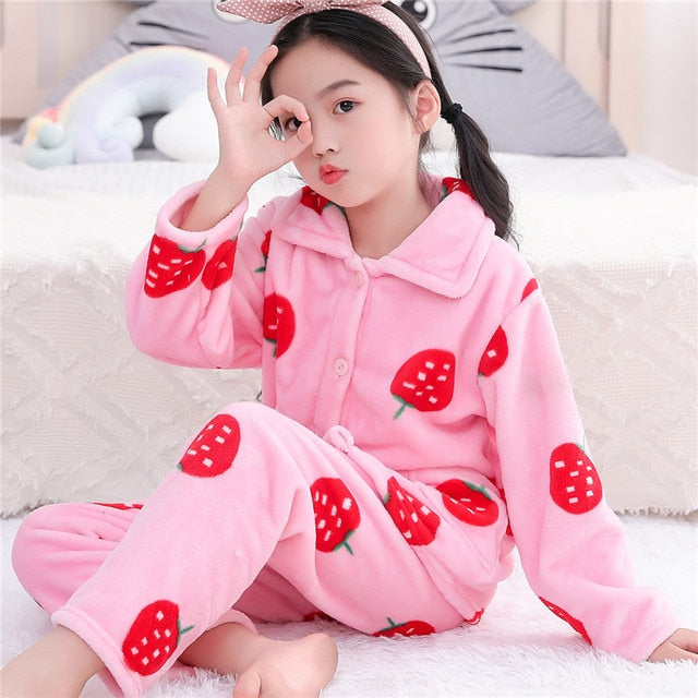 Winter Thicken Warm Home Wear Cartoon Lapel Long Sleeve Pajama Sets