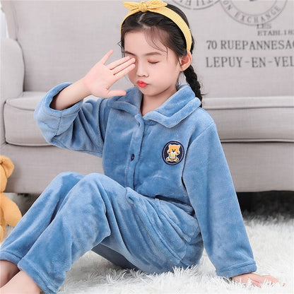 Winter Thicken Warm Home Wear Cartoon Lapel Long Sleeve Pajama Sets