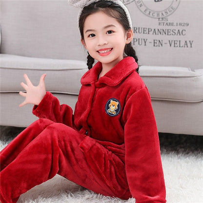 Winter Thicken Warm Home Wear Cartoon Lapel Long Sleeve Pajama Sets