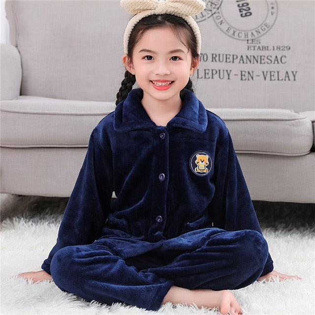 Winter Thicken Warm Home Wear Cartoon Lapel Long Sleeve Pajama Sets