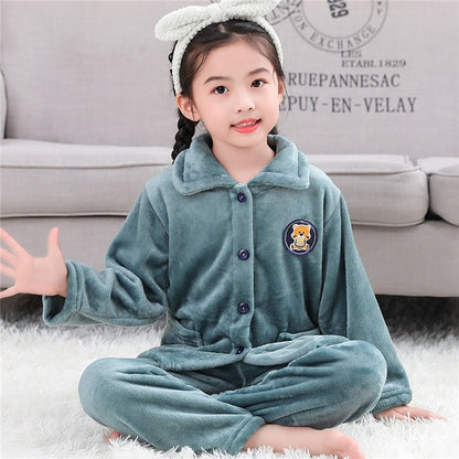 Winter Thicken Warm Home Wear Cartoon Lapel Long Sleeve Pajama Sets