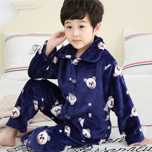 Winter Thicken Warm Home Wear Cartoon Lapel Long Sleeve Pajama Sets