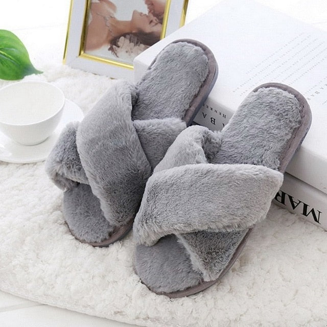 Women Furry Slippers Soft Plush Cross Faux Fur Indoor Slippers