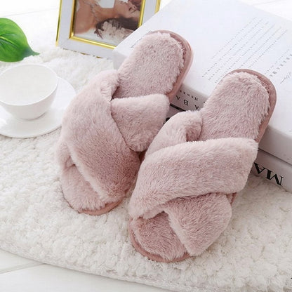 Women Furry Slippers Soft Plush Cross Faux Fur Indoor Slippers