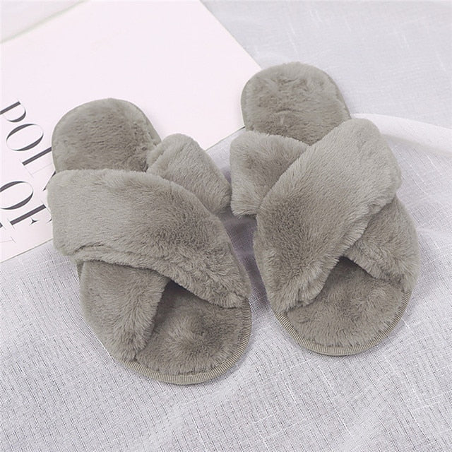 Women Furry Slippers Soft Plush Cross Faux Fur Indoor Slippers