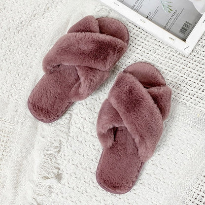 Women Furry Slippers Soft Plush Cross Faux Fur Indoor Slippers