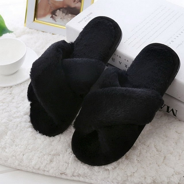 Women Furry Slippers Soft Plush Cross Faux Fur Indoor Slippers