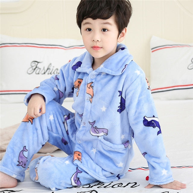 Winter Thicken Warm Home Wear Cartoon Lapel Long Sleeve Pajama Sets