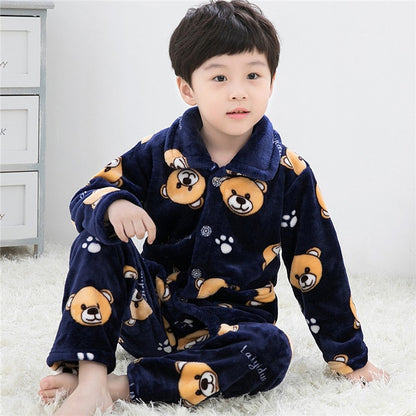 Winter Thicken Warm Home Wear Cartoon Lapel Long Sleeve Pajama Sets