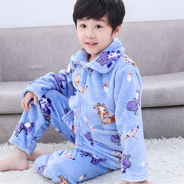 Winter Thicken Warm Home Wear Cartoon Lapel Long Sleeve Pajama Sets