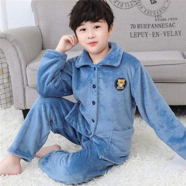 Winter Thicken Warm Home Wear Cartoon Lapel Long Sleeve Pajama Sets