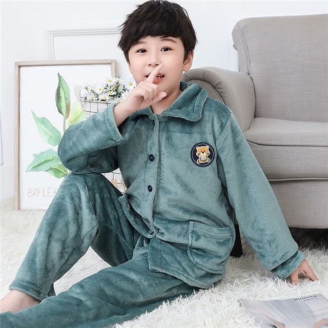 Winter Thicken Warm Home Wear Cartoon Lapel Long Sleeve Pajama Sets