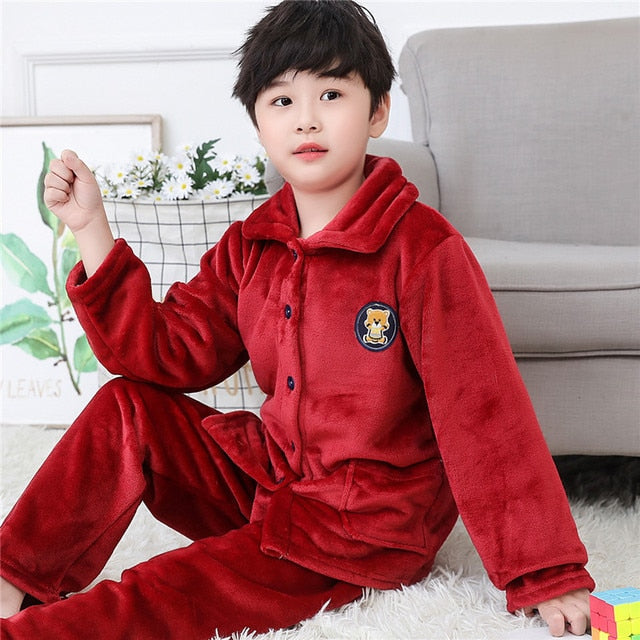 Winter Thicken Warm Home Wear Cartoon Lapel Long Sleeve Pajama Sets