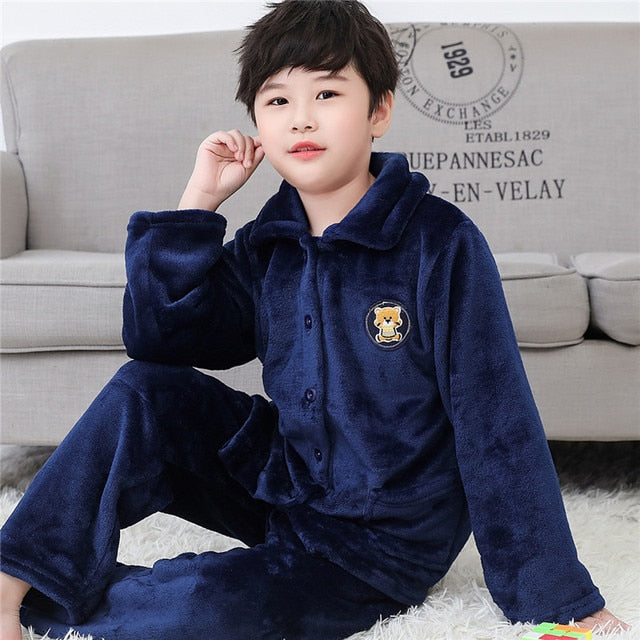 Winter Thicken Warm Home Wear Cartoon Lapel Long Sleeve Pajama Sets