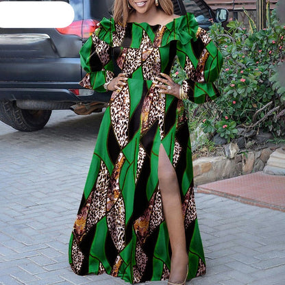 Ruffled Long Sleeve Printed Maxi Dress - Azahshopping