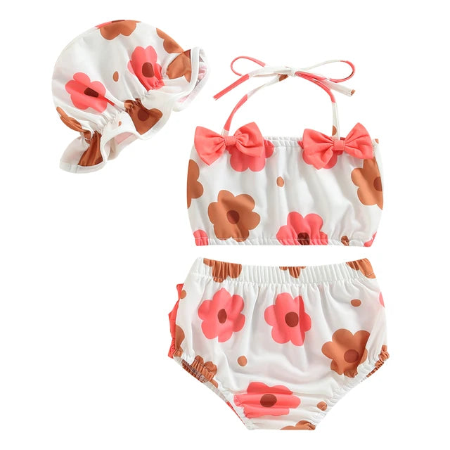 Baby Girls Three Piece Swimsuits Floral Print Halter with Cap