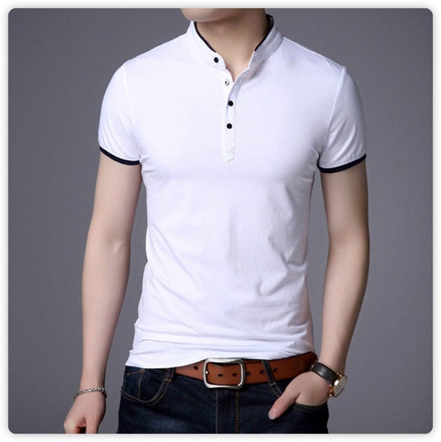 Full Sleeve Tshirt Men Solid Color Mandarin Collar Long Shirt - T-shirts