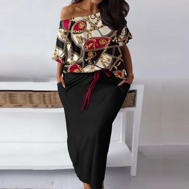 Printed Top with Pencil Skirt Casual Loose Two-piece Set