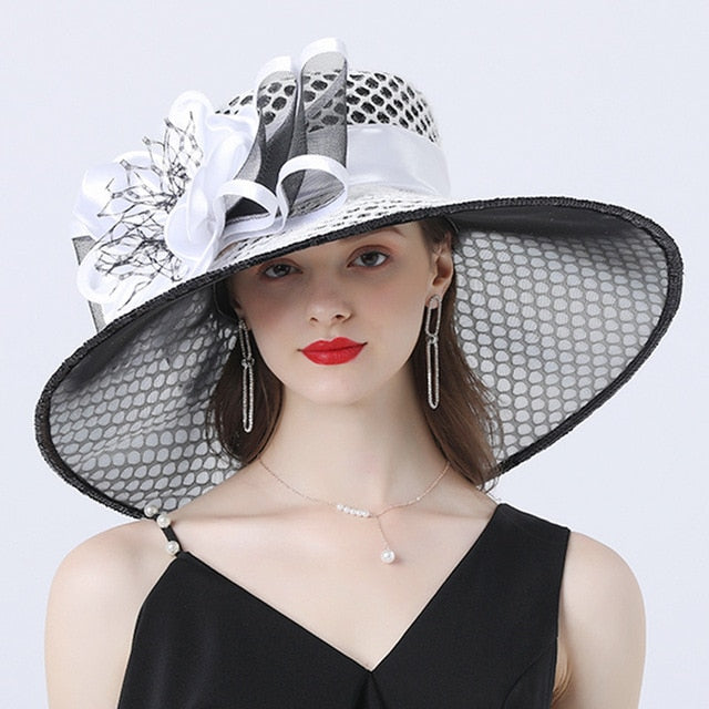 Women 16cm Wide Brim Flower Mesh Sun Hat Lady Bow Summer Beach Hat