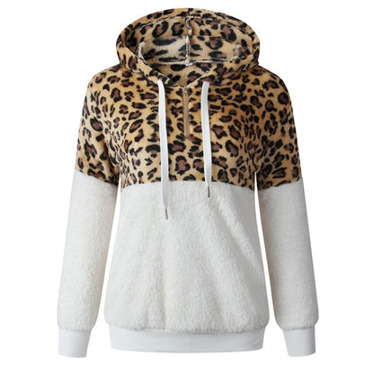 Loose Plush Leopard Patchwork Hoodies for Women with Zipper Tops