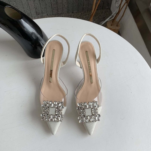 Outdoor Rhinestone Pointed Thick Heel High Heel Sandals