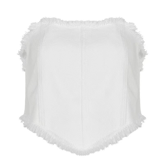 Strapless Slim Fit Crop Top White Denim Vest