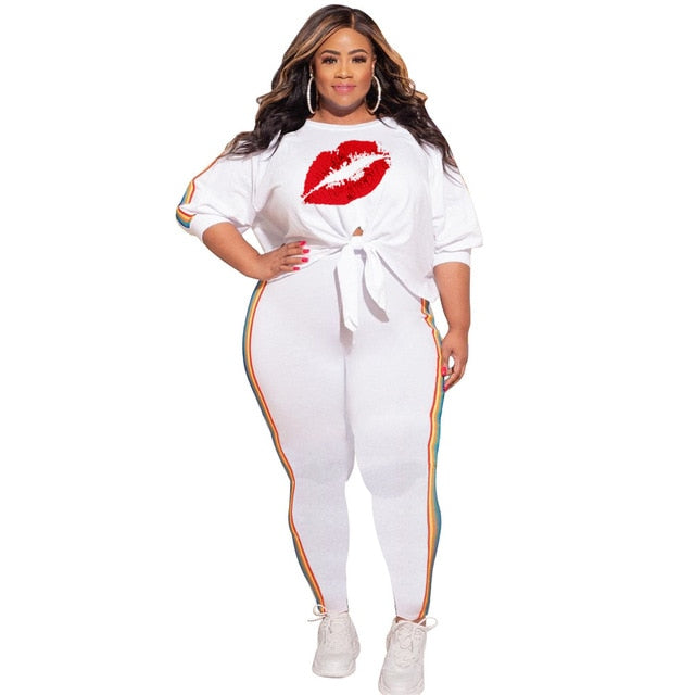 Solid Color Printing Top And Pant Two Piece Outfit - Plus Size Sets