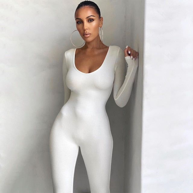 V Neck Bodycon Long Sleeve Jumpsuit