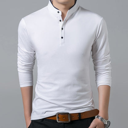 Full Sleeve Tshirt Men Solid Color Mandarin Collar Long Shirt - T-shirts