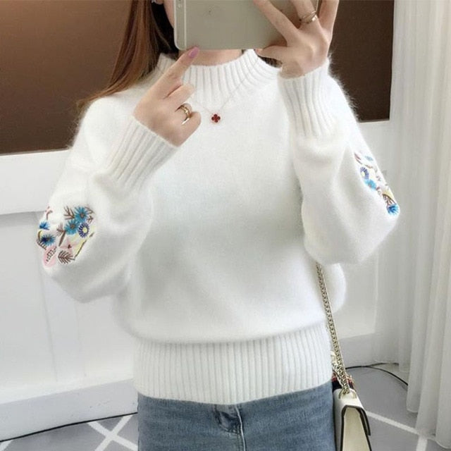 Women Knitted Sweater Floral Embroidery Thick Sweater - Azahshopping