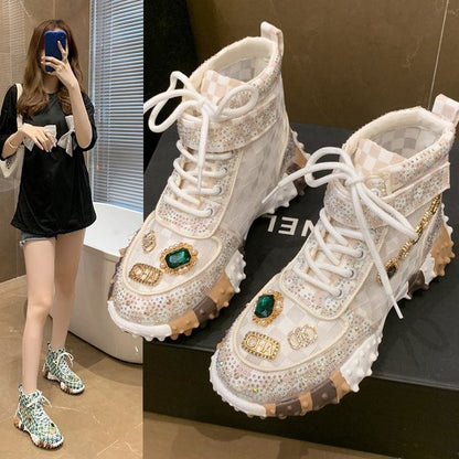 Hip-hop Rhinestone Women Sneakser Ins Tide Diamond Breathable Luxury Designers Casual Thick Bottoms Dad Boots