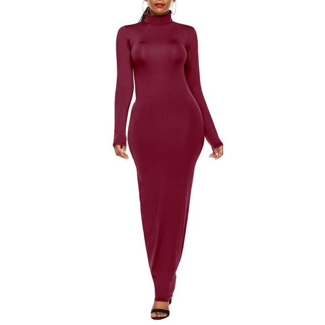 Long Sleeve Turtle Neck Stretchy Bodycon Long Dress - Azahshopping