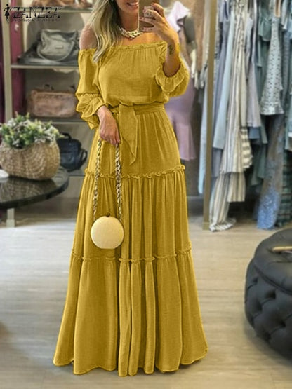 Puff Sleeve Off Shoulder Ruffle Patchwork Maxi Dress