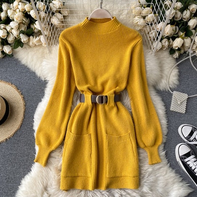 Long Sleeve Winter Knitted Dress With Belt - Azahshopping