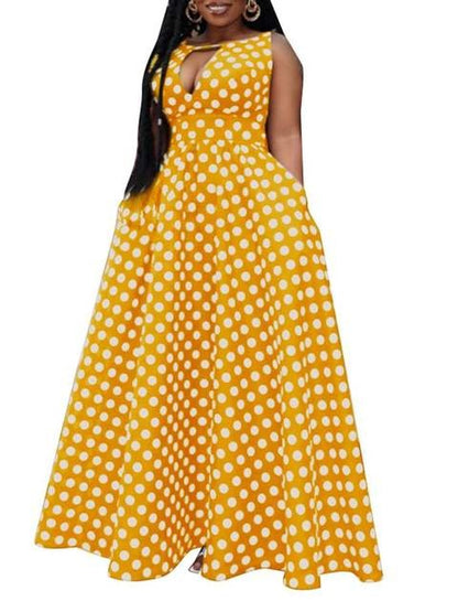 Women Deep V Neck  Polka Dot Maxi  Off Shoulder Half Sleeve Loose Casual Printed  Long Summer Dress