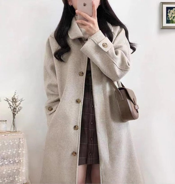 Long Coated Thickened Woolen Winter Coat For Women Black