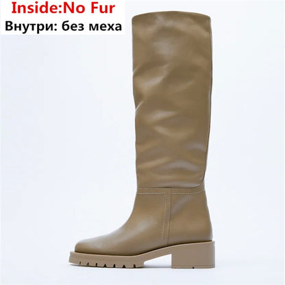 Slip On Knee High Full Genuine Leather Boots